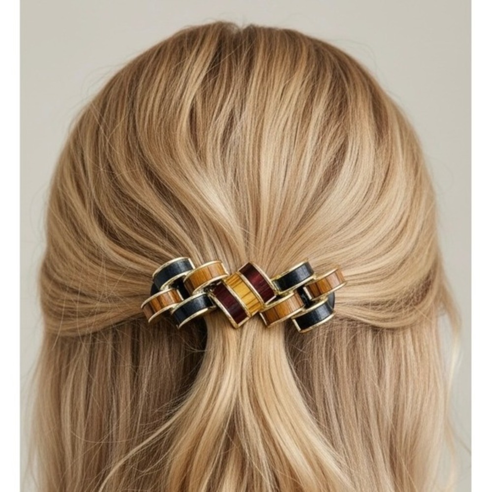 Vintage Art Deco Geometric Earth Tone Faux Wood Gold Tone Metal Links Hair Clip